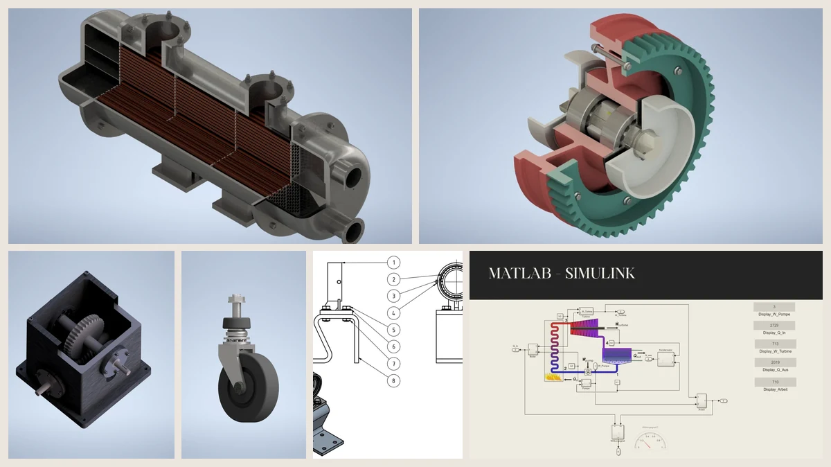 Collage of engineering CAD models, thermal systems and simulation